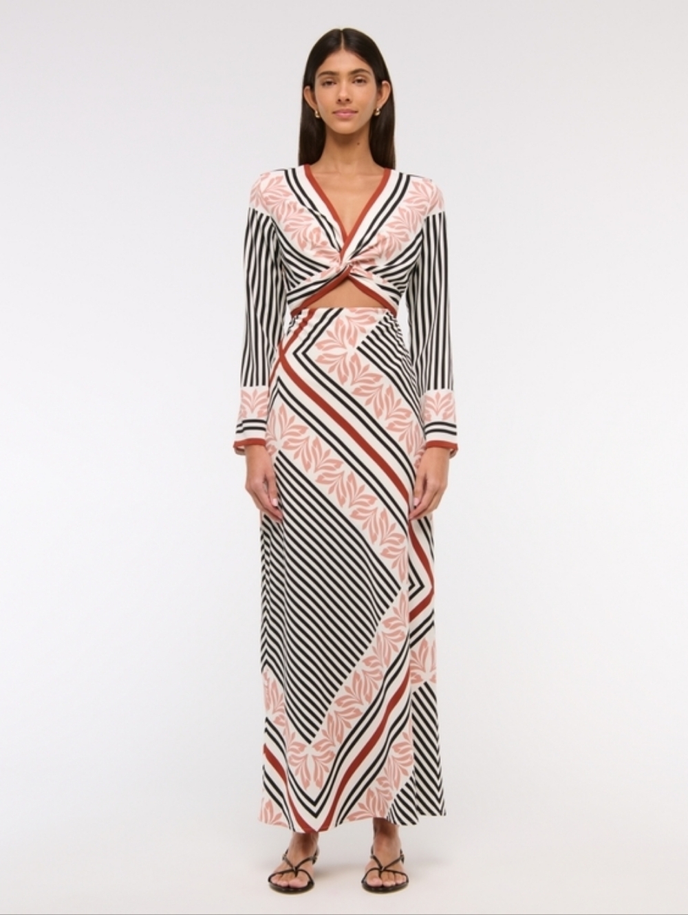 Abercrombie & Fich Long Sleeve Twist Front Maxi Dress in Blush and Black Size MP